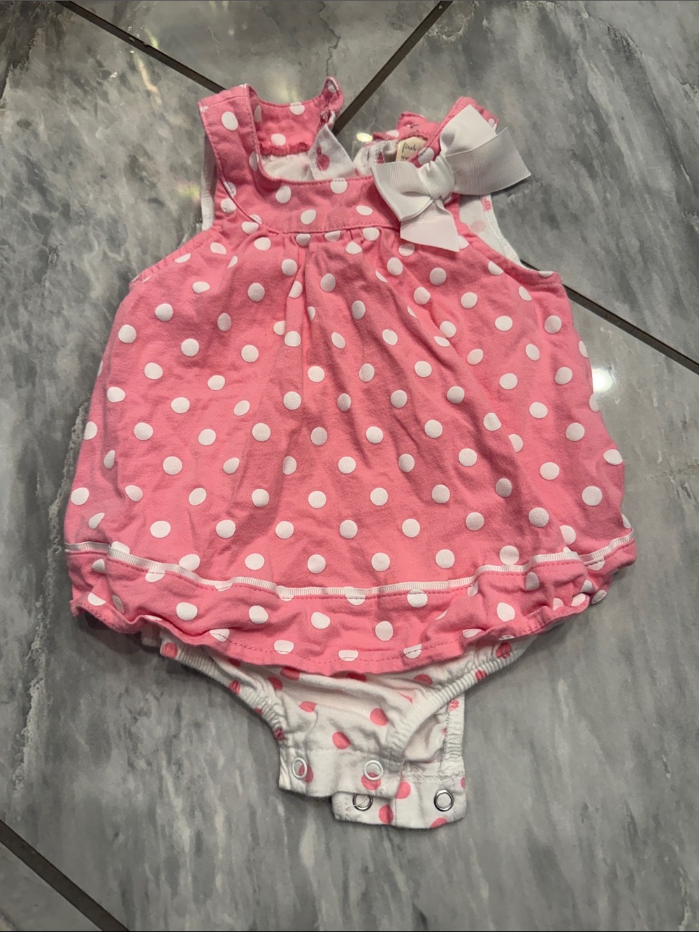 First Impressions Pink and White Polka Dot Sleeveless Bodysuit with Bow